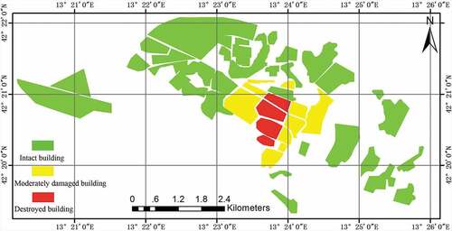 Figure 3. Damage distribution of L’Aquila earthquake. The colour polygons represent the damage grade