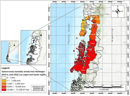 Figure 2. Overall Map of Chilean salmon showing the location of cumulative mass mortality from November 2016 to June 2022 in tons. Source: Chile Citation2022a.