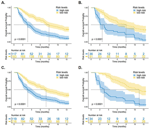Figure 5 Risk stratification. The patients were divided into low-risk and high-risk groups based on the risk score (low risk group < 170 points, high risk group ≥ 170 points) in the training group (A) validation group (B), and age ≥ 50 years (C), age < 50 years (D).