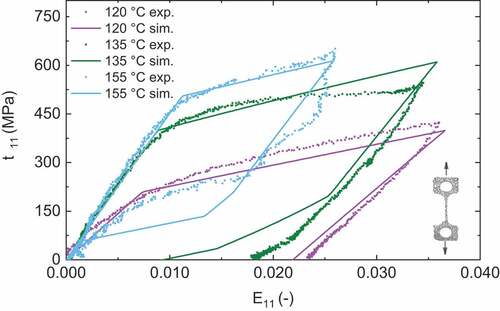 Figure 2. Experimental and simulated stress–strain curve of the investigated 21 µm thick TiNiHf freestanding films of dogbone geometry size of 500μm×4mm (see inset). The tests are performed at three different ambient temperatures of 120 °C, 135 °C, and 155 °C with a strain rate of 1⋅10−3 s−1.