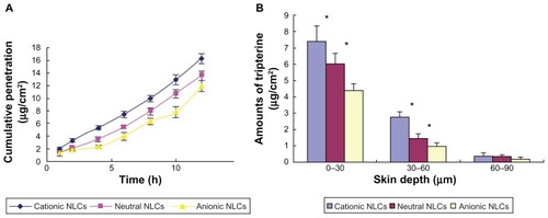 Figure 4 In vitro skin permeation of tripterine from the surface-charged tripterine-loaded NLCs 12 hours after their application on rat abdominal skin. (A) Time course of cumulative penetration and (B) amounts of tripterine in different layers of skin.Notes: Data represent means ± SD (n = 3); *P < 0.05 versus the anionic NLCs.Abbreviation: NLCs, nanostructured lipid carriers.