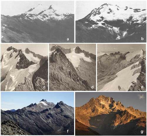 Figure 3. Some of the historic panoramic photographs used in this work and comparison with recent images: (A) La Corona glacier, then covering Humboldt and Bonpland peaks, seen from Pico Espejo in 1910 (Jahn Citation1925); (B) northwest face of Bolívar peak in 1910 (Jahn Citation1925); (C) southwest face of Bolívar peak in 1922 (Blumenthal 1922); (D) south face of Bolívar in 1922 (Blumenthal, 1922); (E) west side of La Concha seen from Bolívar (Blumenthal 1922); (F) La Corona glacier from Pico Espejo in 2013; and (G) northwest face of Bolívar in 2020 . Photos in (F) and (G) by J.M. Romero, used with permission