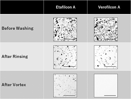 Figure 1 Representative photographs of Asian dust particles on the surface of soft contact lenses (SCLs) before washing, after rinsing, and after vortexing with physiological saline. Bars = 100 µm.