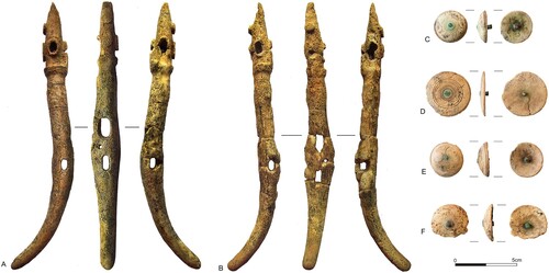 Figure 7. Photo of the gear from Horse 2, including A–B) antler rod cheekpieces and C–F) round antler knobs.