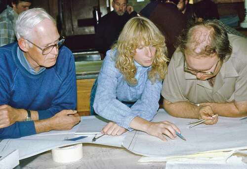 Figure 2. Working aboard the CSS Hudson during the 1982 Sedimentology of Arctic Fiords Experiment (SAFE) cruise 8203. From left to right: Brian MacLean, Claudia Currie, Ken Asprey. Photo courtesy of Jaia Syvitski.