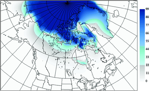 Fig. 4 The climatological frequency of occurrence of sea ice for week number 32 used for quality control of ice concentration retrievals from passive microwave data. Note that values over land are computed using the mathematical procedure described in the text.