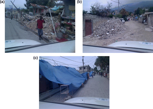 Figure 7. Examples of LCMMS georeferenced frames acquired during the survey. (a) Collapsed building, (b) Restricted road, (c) Temporary shelter.