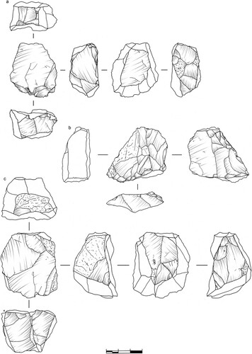 Figure 13. EDAR 135, upper level quartz artefacts: (a) Levallois core; (b) sidescraper; (c) Levallois core. Drawings by M. Ehlert.