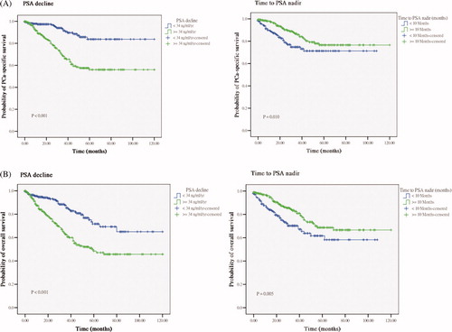 Figure 1.  Kaplan–Meier curves of (A) prostate cancer-specific survival and (B) overall survival following ADT, stratified by PSA decline (left) and time to PSA nadir (right).