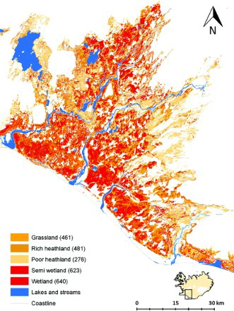 Figure 2. Distribution of the combined density of the eight most common bird species in the five habitats from the Icelandic Farmland Database below 200 m a.s.l. Total density (individuals/km2) of the eight species per habitat is shown in parenthesis in the legend of the map.