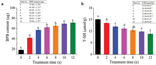 Figure 6. (a) Influences of APPJ treatment on the surface hydrophobicity of mandarin fish MP, (b) Influences of APPJ treatment on the total sulfhydryl content of mandarin fish MP. The findings are expressed as X‾±σ n=3, with various letters on the top of the bars indicating significant differences (P < .05).
