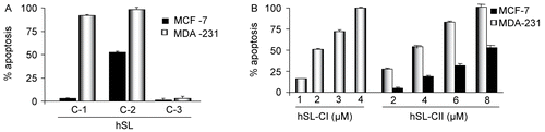 Figure 3.  (A) Compounds (1), (2) and (3) of hSL-induced apoptosis in MDA 231 and MCF-7 cells. Cells were treated with the hSL compounds (1), (2) and (3) and apoptosis assays were performed after 24 h of exposure. The bar graph represents the percentage of apoptosis induced by each of these compounds in both the cell lines, and the base-line apoptosis in the untreated group was normalized with the data on the treated group. The data shown are representative of the combined means ± SE from three independent experiments. (B) Compounds (1) and (2) of hSL-induced apoptosis in MDA 231. Cells were treated with the different concentrations of compound (1) (1-4 μM) and (2) (2-8 μM) of hSL and the apoptosis assay was performed after 24h of exposure. Bar graph shows the percentage of apoptotic cells. The base-line apoptosis in the untreated group was normalized with data on the treated group. The data shown are representative of the combined means ± SE from three independent experiments.