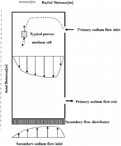 Figure 2. Schematic diagram for the flow configuration of primary and secondary flow configuration and equivalent porous medium model.