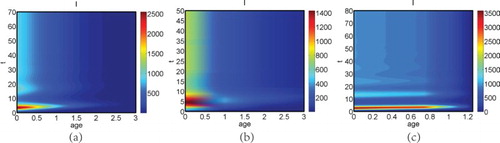 Figure 1. The phase diagrams showing the density of infectious nodes as a function of time and infection age (I(t,a)) from model (Equation4(4a) S˙(t)=Λ−∫0∞λ(a)[SI(t,a)]da−ηS(t),(4a) ) with different recovery time distributions: (a) Weibull distribution W(32,1/Γ(53)), (b) Gamma distribution G(12,2), and (c) Uniform distribution U(0.75,1.25). The parameters are: η=0.2, λ0=0.3, γ0=1, Λ=2000, ς=8. The initial values are: N(0)=10,000, S(0)=9900, [SS](0)=ςS(0), I(0)=100, I(0,a)=I(0)ϕ¯(a), [SI(0,a)]=ςI(0,a), where ϕ¯(a) is the value of ϕ¯(x) at a, and ϕ¯(x) denotes the uniform distribution on interval [0,K]. K is the maximal infection age.