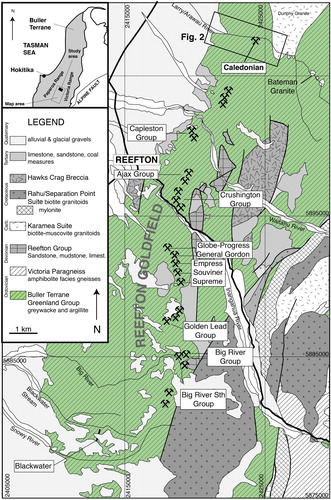 Figure 1. Regional geological map of north Westland. The area of study, Arawau/Larry River, occurs in the northernmost portion of the Reefton Goldfield. Maps are adapted from Nathan et al. (Citation2002).