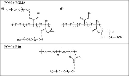 Figure 2. Possible interactions between POM and different compatibilisers in the binder system.