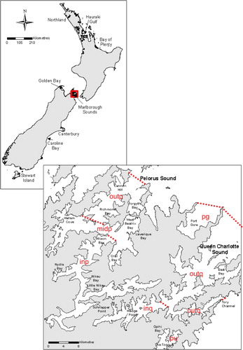 Figure 1 Maps of New Zealand and the Marlborough Sounds highlighting the sites referenced in this study. Marlborough Sounds strata boundaries used in GLM analysis are shown for: Pelorus Sound, inner (inp), mid (midp) and outer (outp); Queen Charlotte Sound, inner (inq) and outer (outq); Port Underwood (pu); Port Gore (pg).