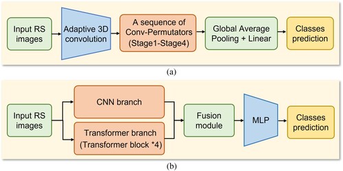 Figure 7. Two types of hybrid structure-based models using CNNs and transformers: (a) the framework of HiT integrating CNN and Transformer by hybrid strategy in a single branch (Yang et al. Citation2022) and (b) the framework of Hyper-LGNet integrating CNN and Transformer in a dual flow framework (T. Zhang et al. Citation2022).