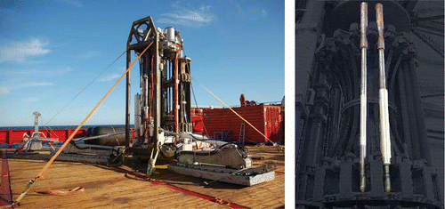 Figure 10. Benthic's PROD rig (courtesy of Benthic Geotech) (a) PROD on deck (b) Cone penetrometer with pushrod.