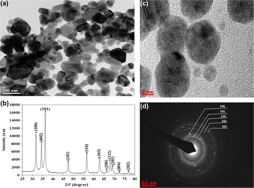 Figure 3. (a) HR–TEM image, (b) XRD, (c) fringe pattern, and (d) SAED pattern analysis of ZnO NPs.