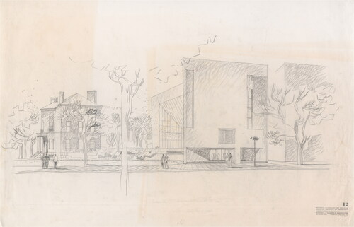 Figure 9. Mitchell/Giurgola Architects, AIA Headquarters, Washington DC. Perspective sketch from New York Avenue showing a revised larger 90–feet high Scheme II, dated May 1967. Source: Mitchell/Giurgola Collections, The Architectural Archives, University of Pennsylvania (collection 267).