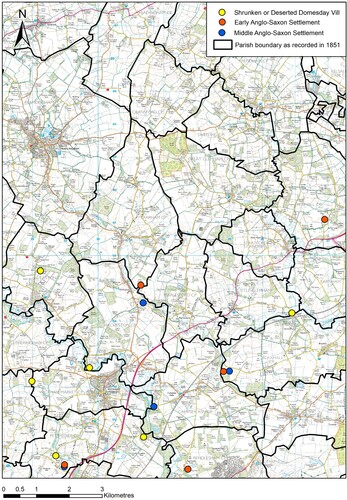 Figure 1. The distribution of Early and Middle Anglo-Saxon settlements and deserted Domesday vills in East Suffolk and their close spatial relationship with parish boundaries. It is proposed that this relationship the result of territorial division after settlement change. © Crown copyright and database rights 2023 Ordnance Survey (100025252). Drawn by author.