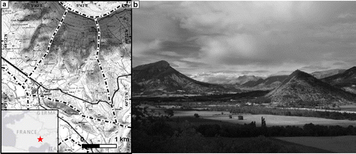 Figure 1. (a) Example area delineated with dashed line assigned to student-pair, Topographic data: SCAN 25 (IGN, Citation2012). Inset: location of the fieldwork site, (b) photo showing typical limestone outcrops, river terraces and alluvial fans in the area