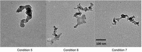 FIG. 4 TEM images of particles produced at operating conditions 5 (0.08 Nlpm C3H8, 1.35 Nlpm air), 6 (0.08 Nlpm C3H8, 2 Nlpm air), and 7 (0.08 Nlpm C3H8, 3 Nlpm air).
