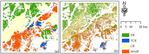 Figure 14. Classified results from (a) referenced geologic map and (b) bands after vegetation suppression.