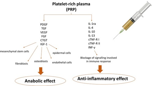 Figure 1 Effects of PRP on growth factors, cytokines, chemokines, inflammatory mediators and modulators.