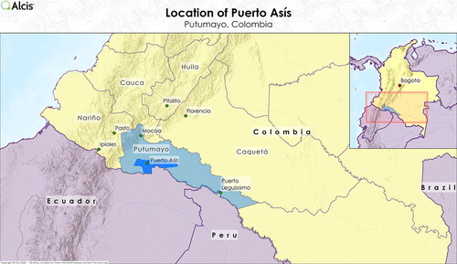 Figure 2. Map of Puerto Assís, Colombia. Map provided by Alcis Ltd for the Drugs & (dis)Order project, used with permission.