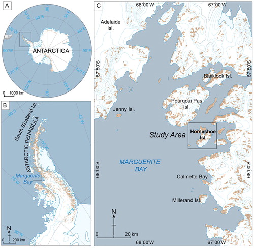 Figure 1. Location map of Antarctica (A), Antarctic Peninsula (B) and Horseshoe Island (C).