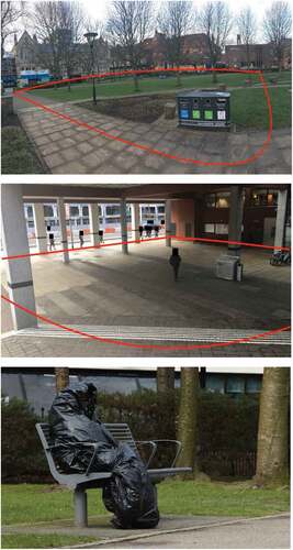 Figure 2. Photographs of Sites 1A (top), Site 1B (middle) and the temporary ‘Hello Hollow’ statue (bottom). Photographs of Site 1A and 1B taken by Margaret Pulis. Photograph of ‘Hello Hollow’ was taken by Manchester Metropolitan University (permission approved by the Corporate Marketing and Communications department at Manchester Metropolitan University). All faces have been obscured.