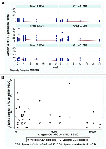 Figure 3. IFNγ ELISpot responses to Vaccinia CD4+ and CD8+ T cell epitopes. (A) Longitudinal IFNγ ELISpot responses to known Vaccinia CD4 and CD8 epitopes Each dot represents an individual subjects’ response and median responses are connected by lines. Group 1 = FP85A vaccination week 0; Group 2 = MVA85A vaccination week 0, FP85A vaccination week four; Group 3 = FP85A vaccination week 0, MVA85A vaccination week four. Minimal, transient increases in Vaccinia CD8+ responses compared with baseline were observed after FP85A vaccination in Group 1. Transient responses to Vaccinia CD4+ and CD8+ epitopes were observed after MVA85A, but not FP85A vaccination in Group 2. In Group 3, responses to Vaccinia epitopes did not significantly increase after either FP85A or MVA85A vaccinations. (B) Correlation between IFNγ ELISpot responses to Vaccinia CD4+ and CD8+ at the time of MVA85A vaccination and IFNγ ELISpot responses to antigen 85A one week after MVA85A vaccination. Each dot represents an individual subjects’ responses. Pre-vaccination responses were from the day of MVA85A vaccination (Group 2 = week 0; Group 3 = week four). Post-vaccination responses were from samples taken one week after MVA5A vaccination (Group 2 = week one; Group 3 = week five). Circles = responses to Vaccinia CD4+ epitopes; diamonds = responses to Vaccinia CD8+ epitopes. No relationship between pre-vaccination anti-vector responses (y axes) and post-vaccination T cell responses (x axes) for MVA85A vaccination was found.