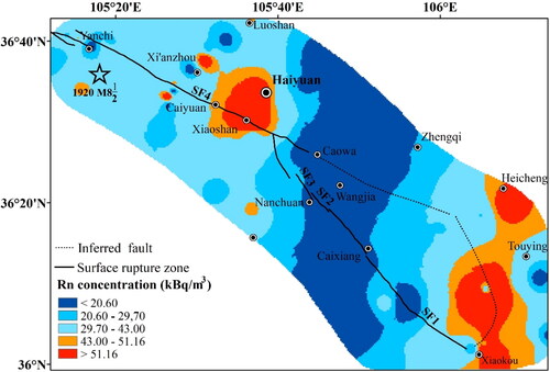 Figure 4. Spatial distribution of soil gas radon (Rn) in the Haiyuan surface rupture zone.