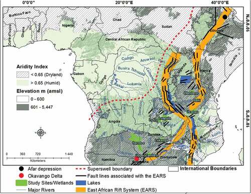 Figure 1. The distribution of study sites in relation to the continent’s aridity, the African Superswell as well as major fault lines and major rivers (Source of fault lines: Pik et al., Citation2006).