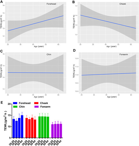 Figure 2 Age-related change of TEWL for the forehead (A), cheek (B), chin (C) and forearm (D), and the comparison among the four age groups (E). TEWL values are indicated by solid lines and 95% CIs by shaded area in the line graphs, and are expressed as mean ± 95% CIs in the bar graphs.