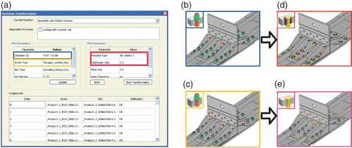 Fig. 11. User interface for transformation of ‘assembly Bolted Junctions’ (a), filtering bolts based on diameters (b) or screw type (c), template-based transformations with (d) or without (e) sub domains.