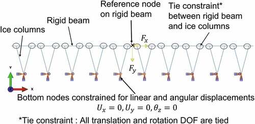 Figure 2. Finite element model with boundary conditions for estimating the effective mechanical behavior of the surface hoar layer when replaced by a continuum weak layer. DOF = degrees of freedom.