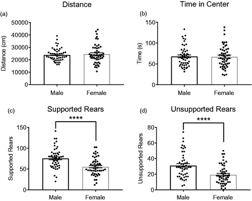 Figure 4. Sex differences in behavior the open-field test. Control groups of males and females were pooled across several independent experiments. There are no significant differences in either total distance traveled (a) or time in center (b), yet males show significantly more supported rears (c) and unsupported rears (d) than females. Males (n = 50), Females (n = 51). Data expressed as mean ± SEM, *p < .05, ***p < .001, ****p < .0001.