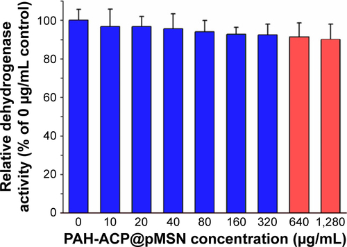 Figure S1 Cytotoxicity of different concentrations of PAH-ACP@pMSN on hMSCs (N=6).Notes: Statistical analysis was performed against the control (0 μg/mL). Columns labeled with the same color as the control group (blue) are not significantly different from the control (P>0.05). Columns labeled with red are not significantly different from each other (P>0.05).Abbreviations: hMSCs, human bone marrow mesenchymal stem cells; PAH-ACP@pMSN, poly(allylamine)-stabilized amorphous calcium phosphate-loaded expanded-pore mesoporous silica nanoparticles.