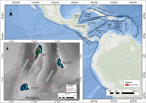 Figure 1. Location of the study area. Main: Shaded relief map showing the location of the study area and the major tectonic features in the Caribbean. In the inset shows zoomed study area in the northwestern Colombian corresponding to the red polygon. Grey shows the CIOH high-resolution bathymetry. The blue background shows the ArcGIS Ocean base map.