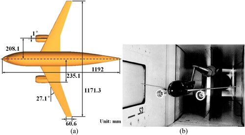 Figure 1. DLR-F6 test model plane size and installation method. (a) Plan view size. (b) Model and wind tunnel installation.