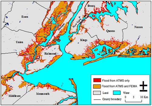 Figure 6. Thirty-meter resolution flood map generated from the ATMS and DEM on 1 November 2012, overlapped and compared with the FEMA SSF flood product.