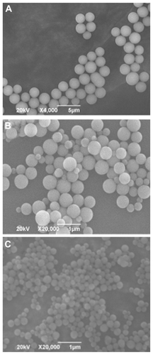 Figure 2 Scanning electron microscope images of silica nanoparticles using 3-mercaptopropyltrimethoxysilane as the sole silica source. Preparation conditions of the silica nanoparticles in (A), (B), and (C) correspond to conditions (1), (2) and (3) listed in Table 1. The mean diameters of the silica nanoparticles in (A), (B), and (C) are 2111 nm, 508 nm and 212 nm, respectively.