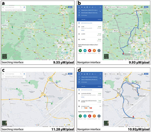 Figure 13. A comparison of the energy consumption of maps with different interfaces: searching interface (a) and (c); navigation interface (b) and (d).