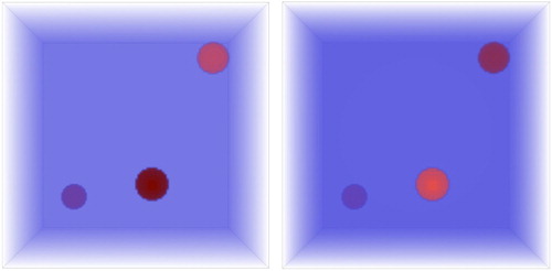 Figure 2. The real (left) and the imaginary (right) parts of the exact solution of the model inverse problem with noiseless data: nl=0%. The wave frequency is 27 GHz.