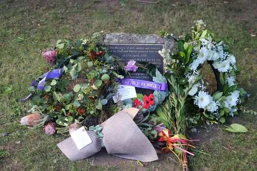 Figure 5. Appin Massacre Memorial with wreaths and flower offerings, April 2021. Photo courtesy of David Ambery.