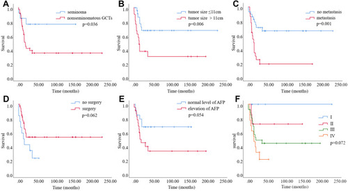 Figure 3 Comparison of OS between different groups in 51 patients with PMMGCTs. (A) Pathological type, (B) tumor size, (C) other site metastases, (D) surgical resection, (E) level of AFP, (F) Masaoka-Koga staging.