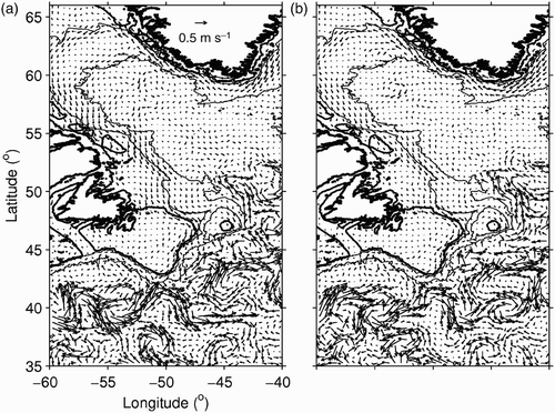 Fig. 10 Five-day-mean, 1/3° resolution OSCAR currents interpolated to the composite current grid, for the five-day periods centred on a) 1 October 2002 and b) 16 October 2002.